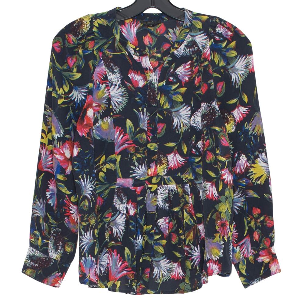 J Crew Silk Dark Floral Pleated Popover Top XS Navy Cottagecore Boho Romantic